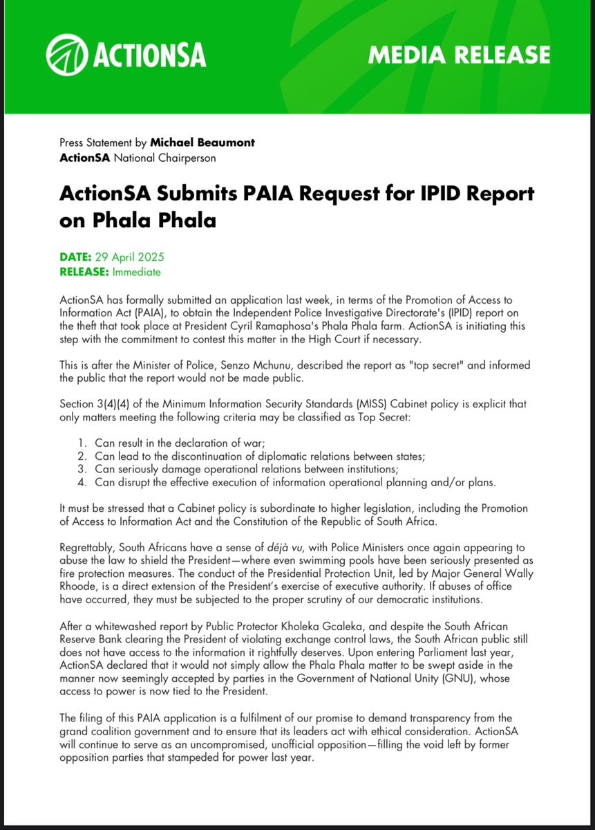 ActionSA Files PAIA Application to Obtain IPID Report on Ramaphosa’s ...