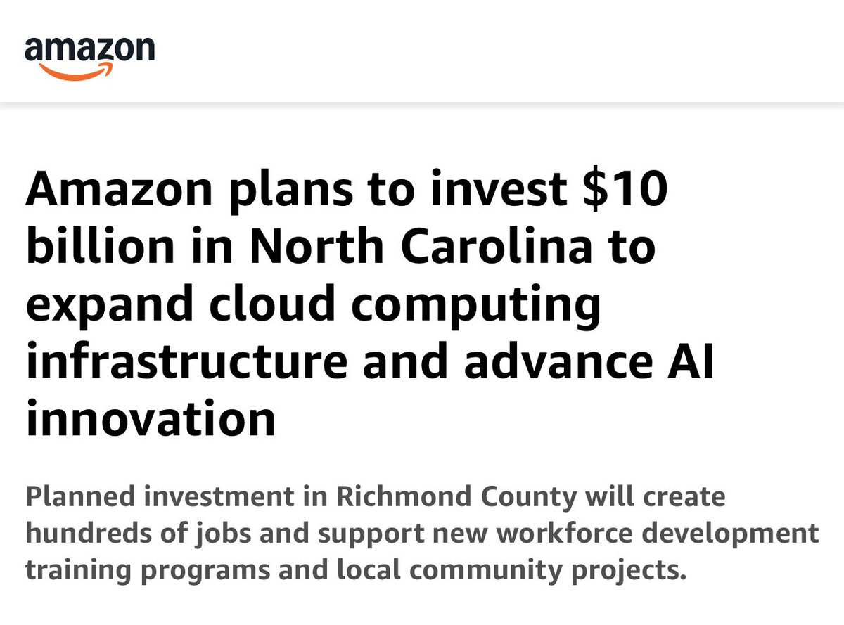 Amazon to Invest $10 Billion in Richmond County, NC for AI, AWS ...