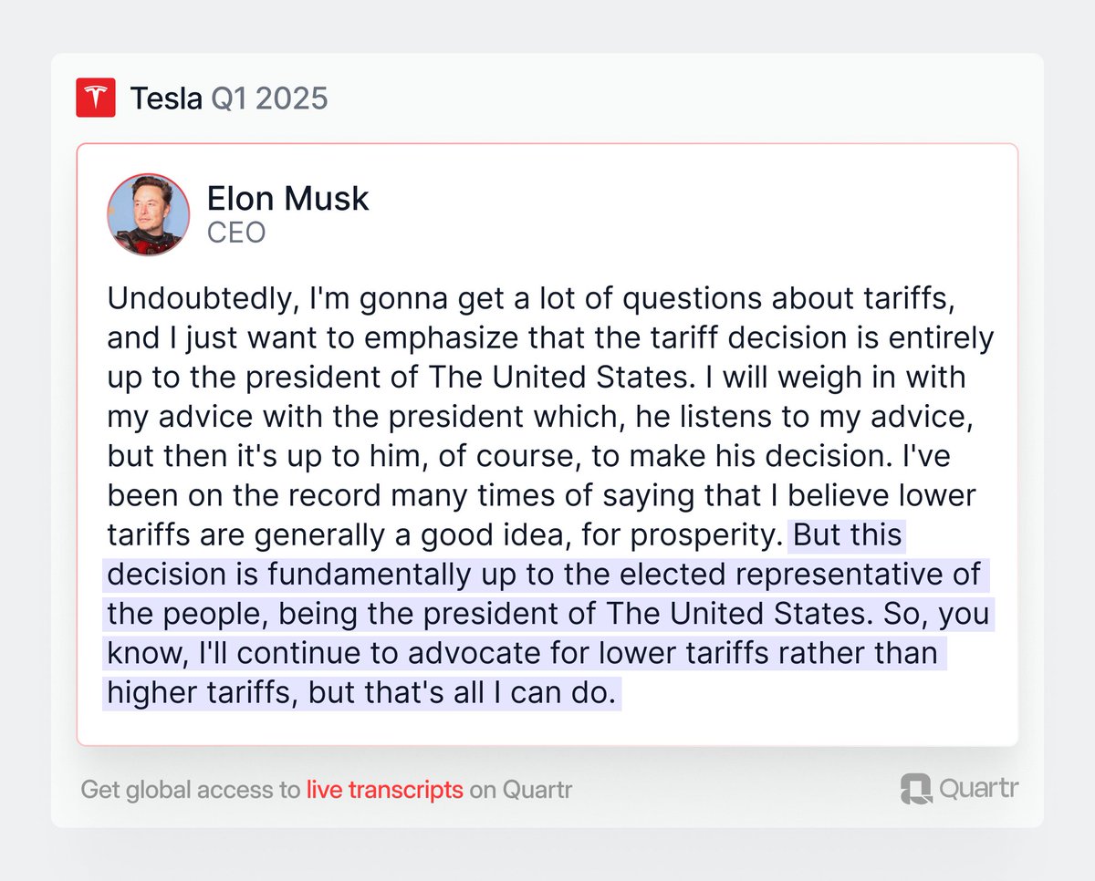 Elon musk urges lower tariffs on tesla earnings call cites impact on