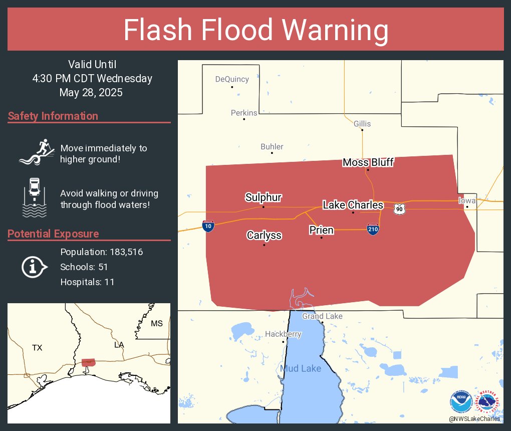 Flash Flood Warnings Through May 29 in Texas, Louisiana, Mississippi