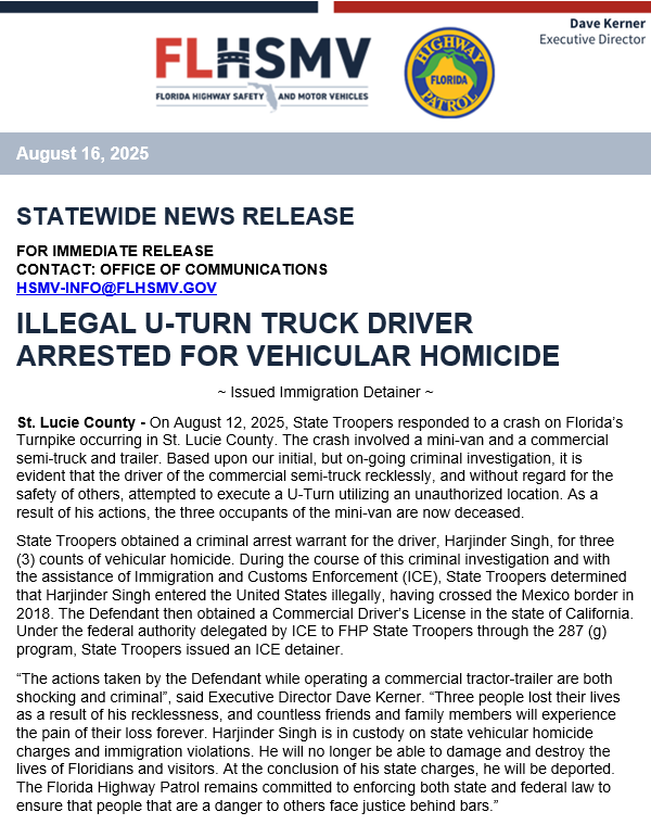 Florida Extradites Truck Driver in Triple-Fatal Crash as DOT Cites ...