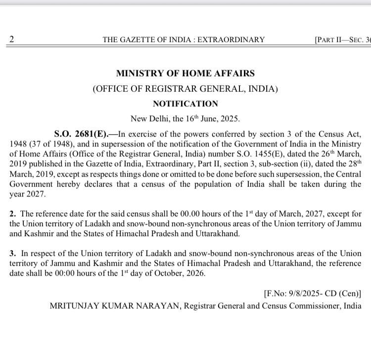 India Notifies 2027 Census, to Include First Nationwide Caste Data ...