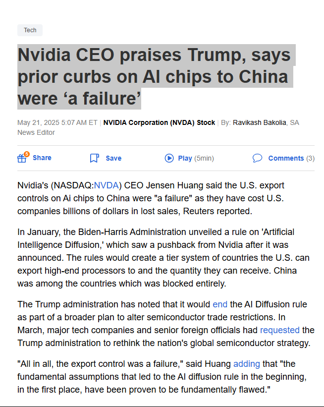 Nvidia CEO Labels U.S. AI Chip Export Controls to China a 'Failure ...