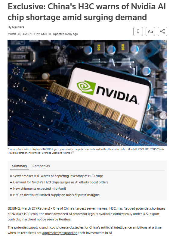 Nvidia Faces AI Chip Shortage as H3C Warns of Depleted H20 Inventory ...