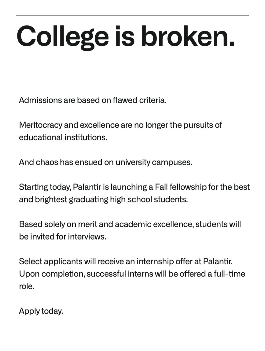 Palantir Launches 100,000 Fellowship for High School Graduates to