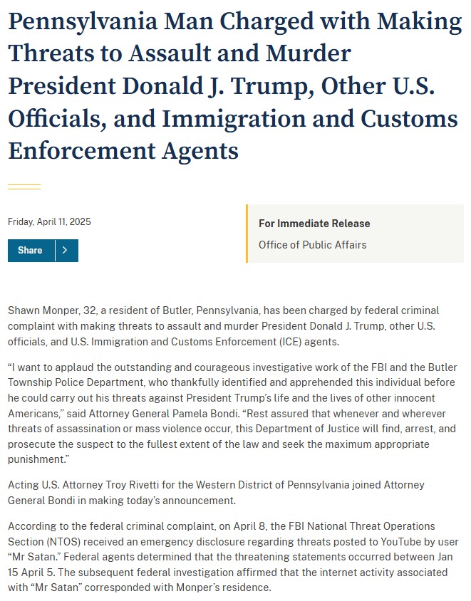 Pennsylvania Man Charged with Threatening to Kill President Trump, Elon