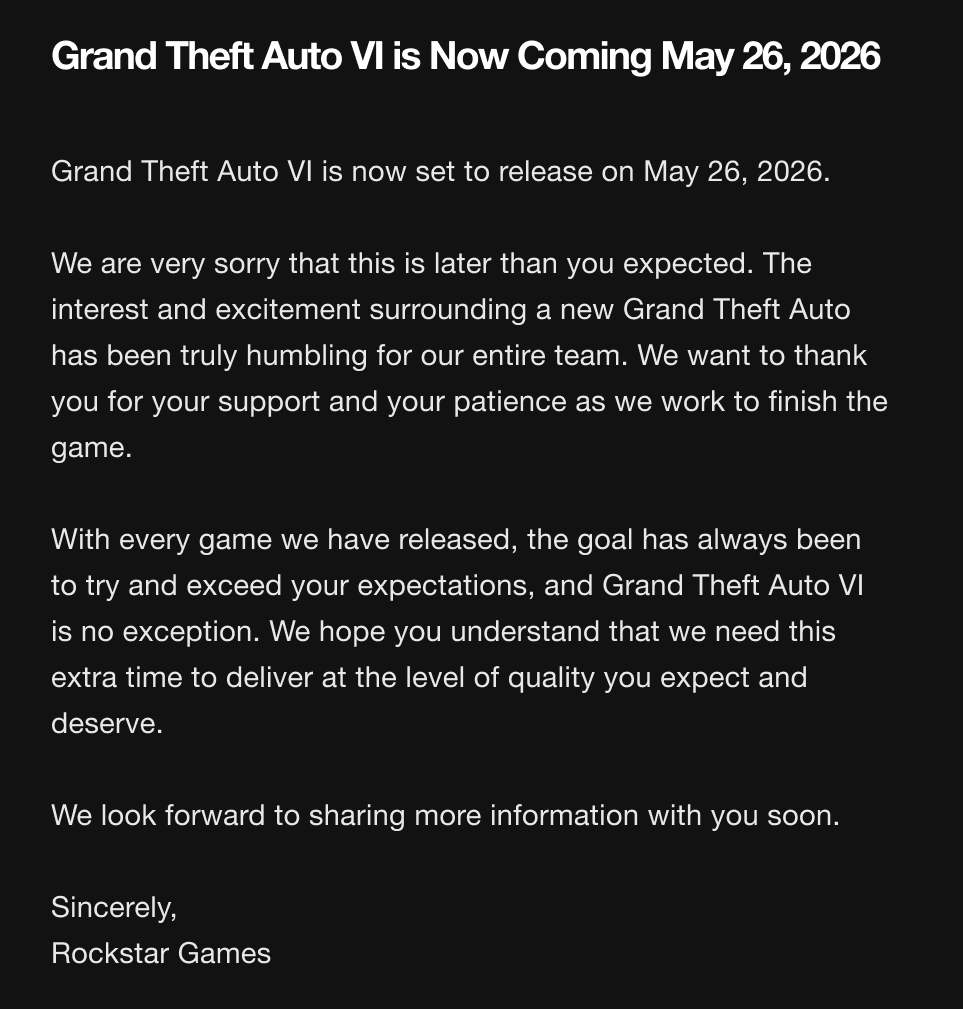 Rockstar Delays GTA VI To May 2026 Take Two Shares Drop 16 DeepNewz 