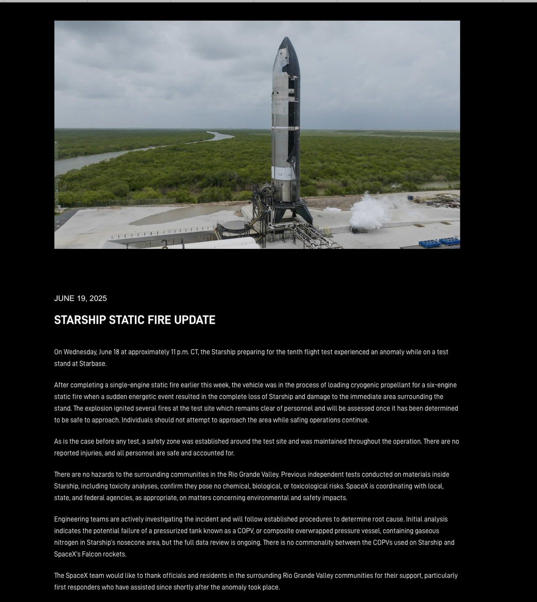 SpaceX Blames Starship Test Blast on Suspected COPV Failure | DeepNewz ...