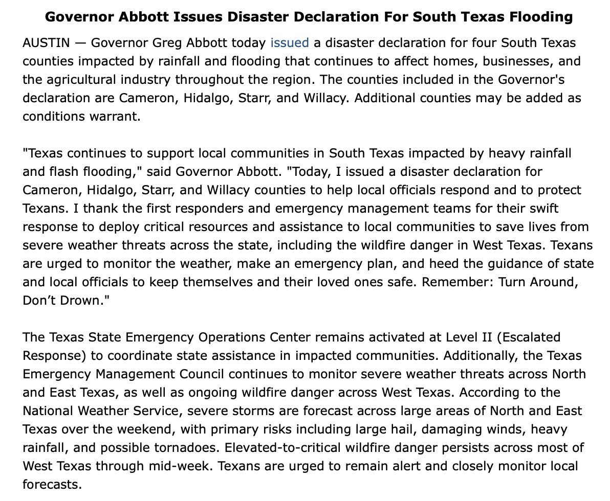 Texas Governor Greg Abbott Issues Disaster Declaration for Cameron ...