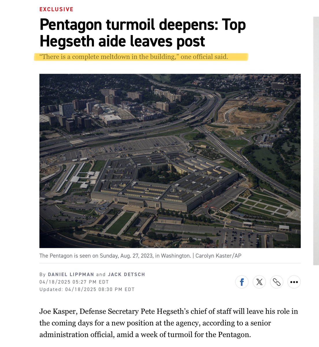 Three Aides Fired, Chief of Staff Exiting as Leak Probe Upends Hegseth’s Pentagon Team