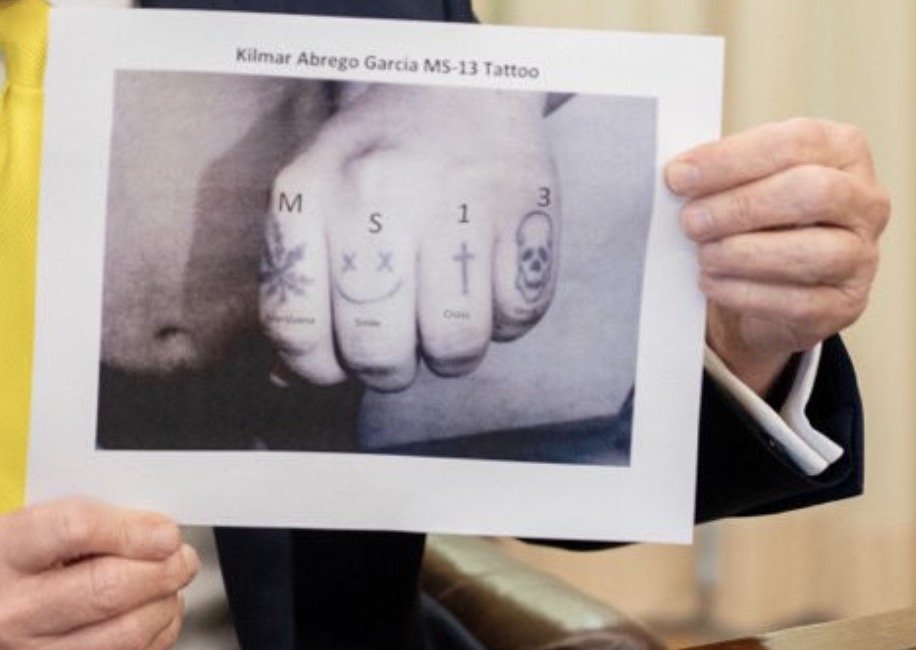 Trump Shows Alleged MS13 Tattoos on Kilmar Abrego Garcia's Hand from