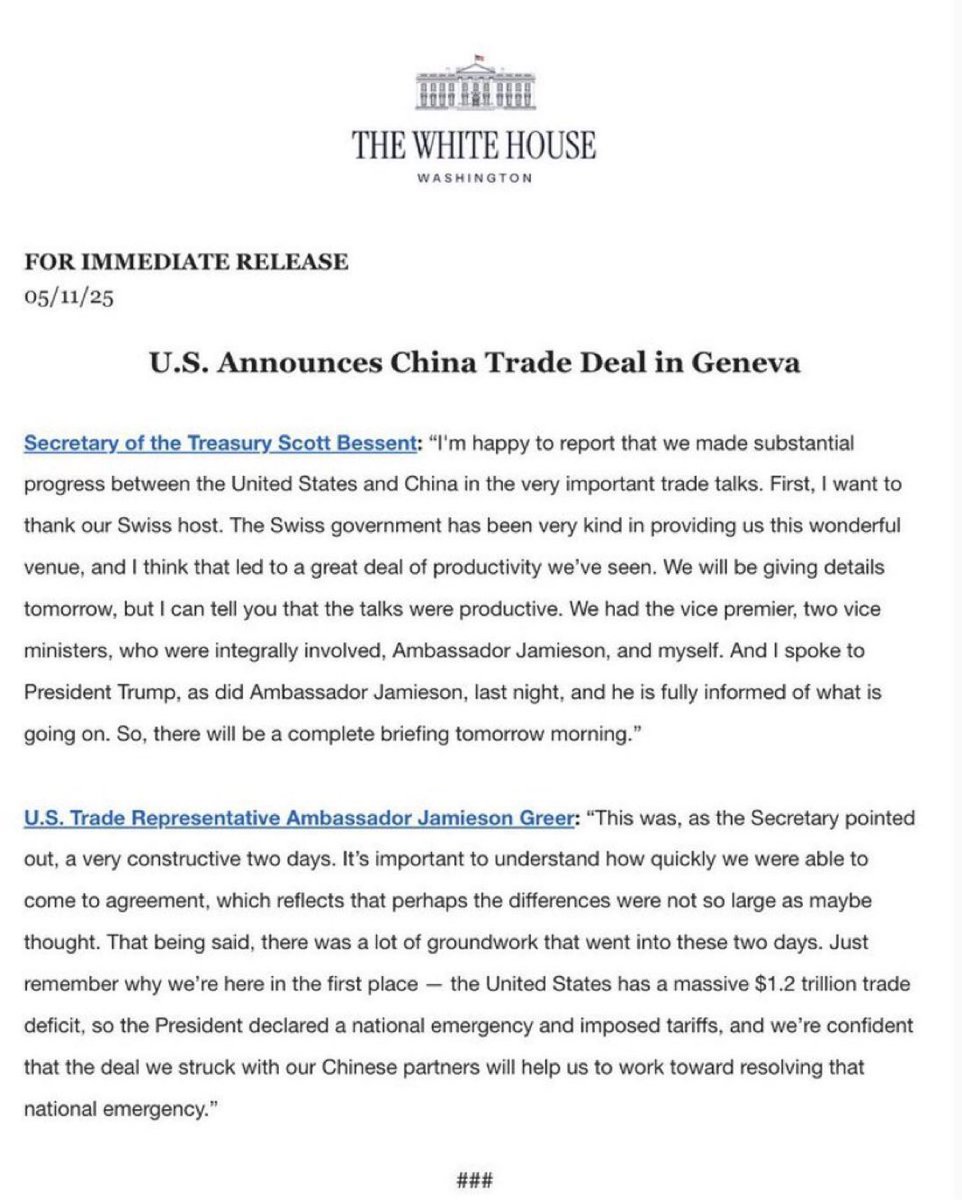 US Announces Trade Deal With China After Geneva Talks; Joint Statement ...