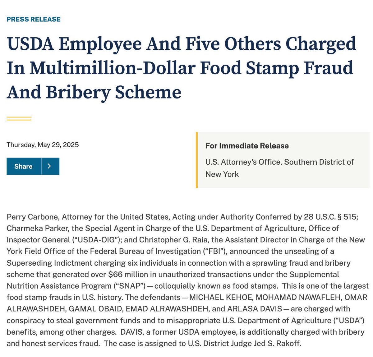 USDA Employee and Five Charged in $66 Million Food Stamp Fraud; Japan ...