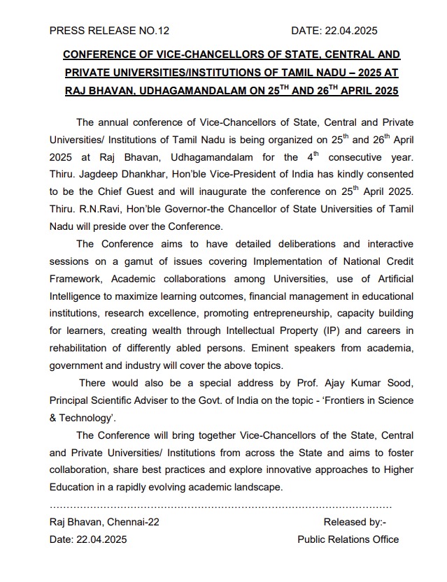 Vice President Dhankhar to Inaugurate Tamil Nadu Governor’s April 25-26 ...